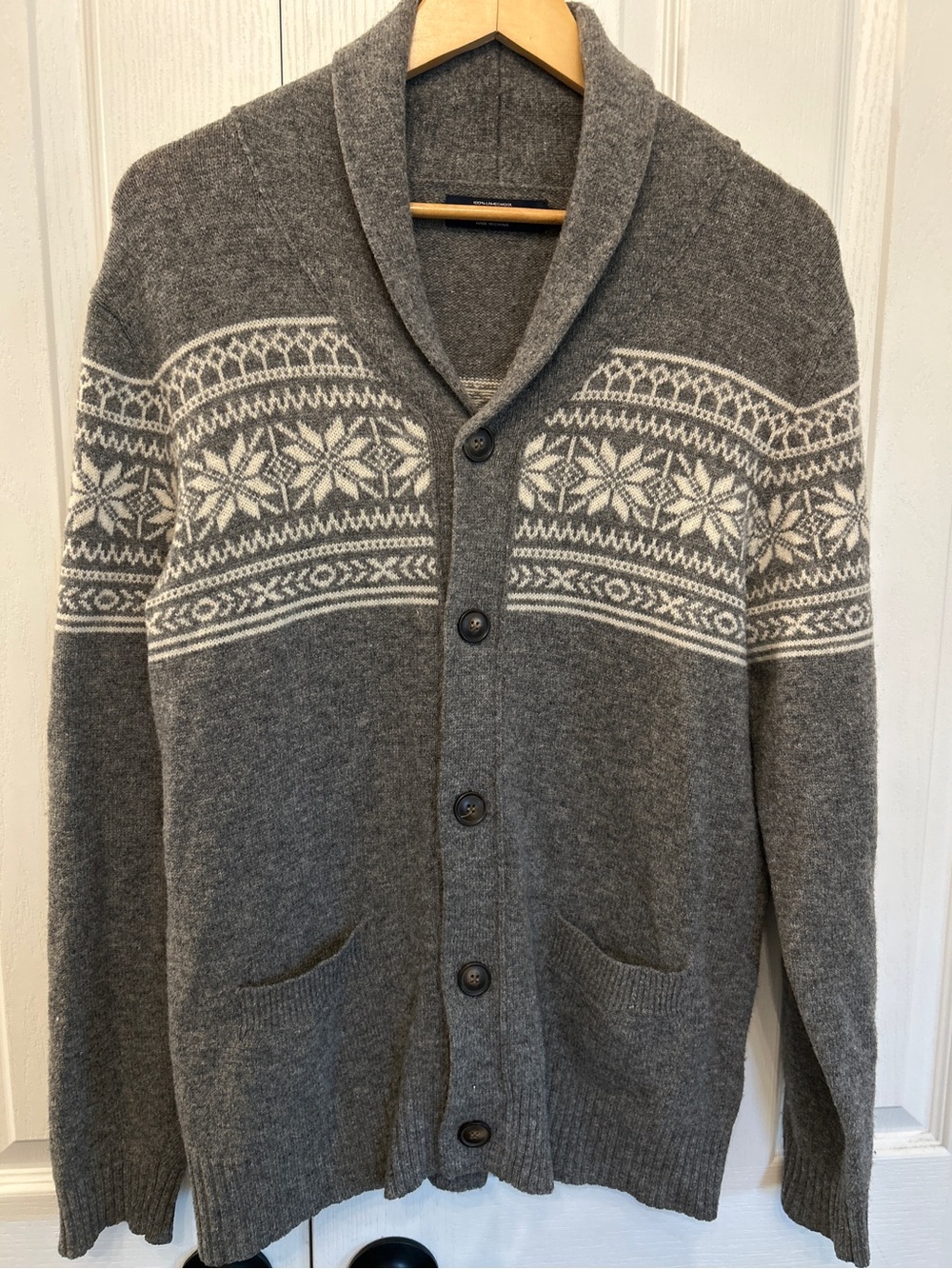 J.Crew Factory 100% Lambswool Fair Isle Shawl Collar Cardigan M Gray